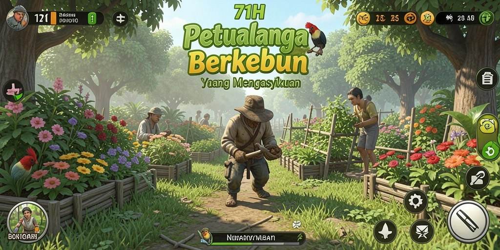 Tampilan gameplay menarik 71H dengan kebun yang subur dan hewan ternak.