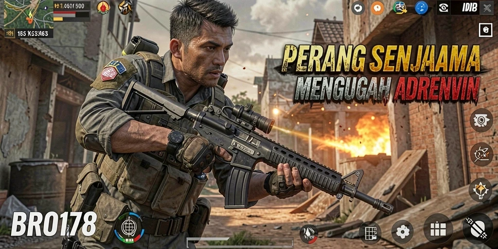 Tangkapan layar gameplay mendebarkan dari BRO178 menunjukkan aksi tembak-menembak yang intens.