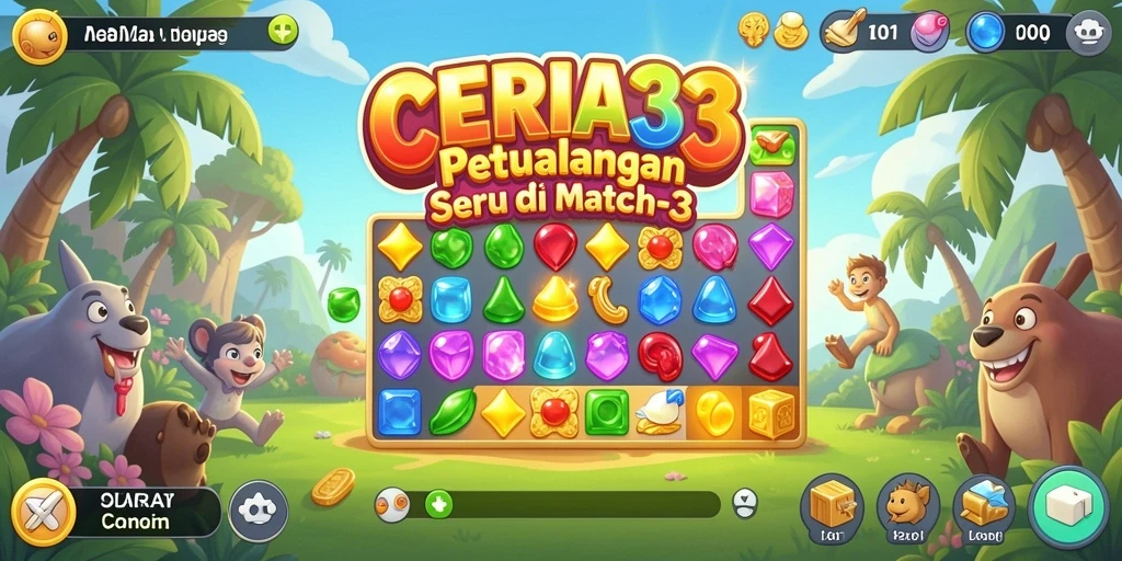 Tangkapan layar gameplay CERIA33 menunjukkan aksi mencocokkan item yang seru.