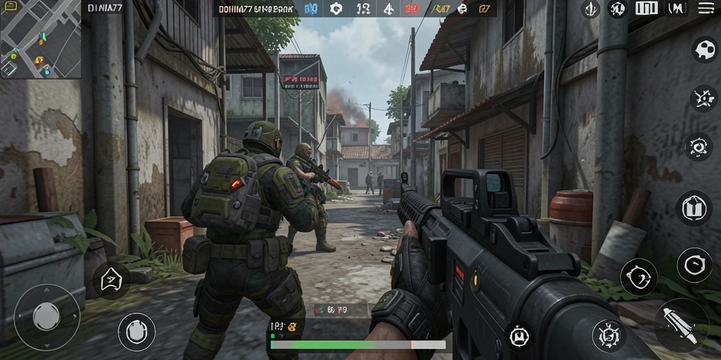 Tampilan gameplay intens di DUNIA77 menunjukkan aksi seru TPS.