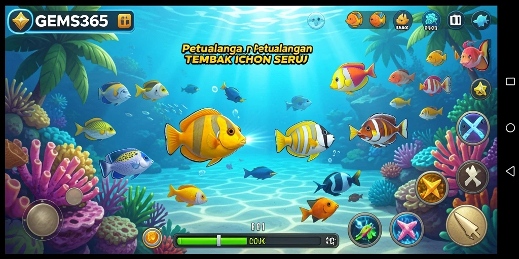 Screenshot GEMS365 menampilkan aksi seru dalam menembak ikan.