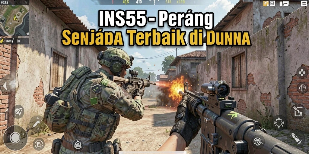 Screenshot INS55 menampilkan aksi tembak menembak yang intens di medan perang.