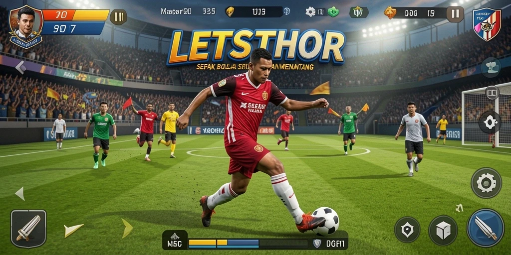 Screenshot utama LETSTHOR menampilkan aksi seru dalam pertandingan sepak bola.