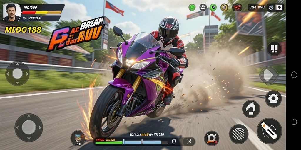Tampilan intens dari gameplay MDG188 dalam balapan motor.