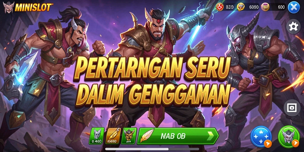 Tangkapan layar gameplay <strong>MINISLOT</strong> menampilkan pertarungan intens dan karakter unik.