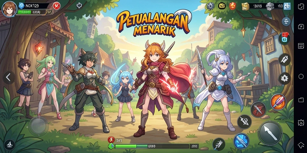 Screenshot gameplay NOX123 menampilkan pertarungan karakter anime yang dinamis.