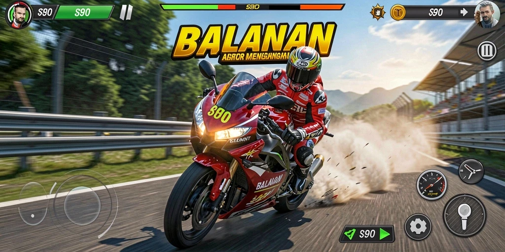Screenshot utama S80 menampilkan serunya balapan motor di trek yang menantang.