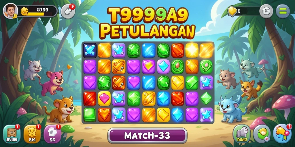Screenshot T9999 menunjukkan gameplay Match-3 yang seru dan penuh warna.