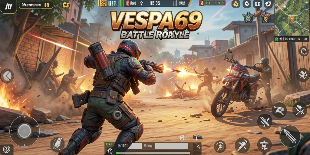 Screenshot VESPA69 menampilkan pertempuran seru dalam arena Battle Royale.